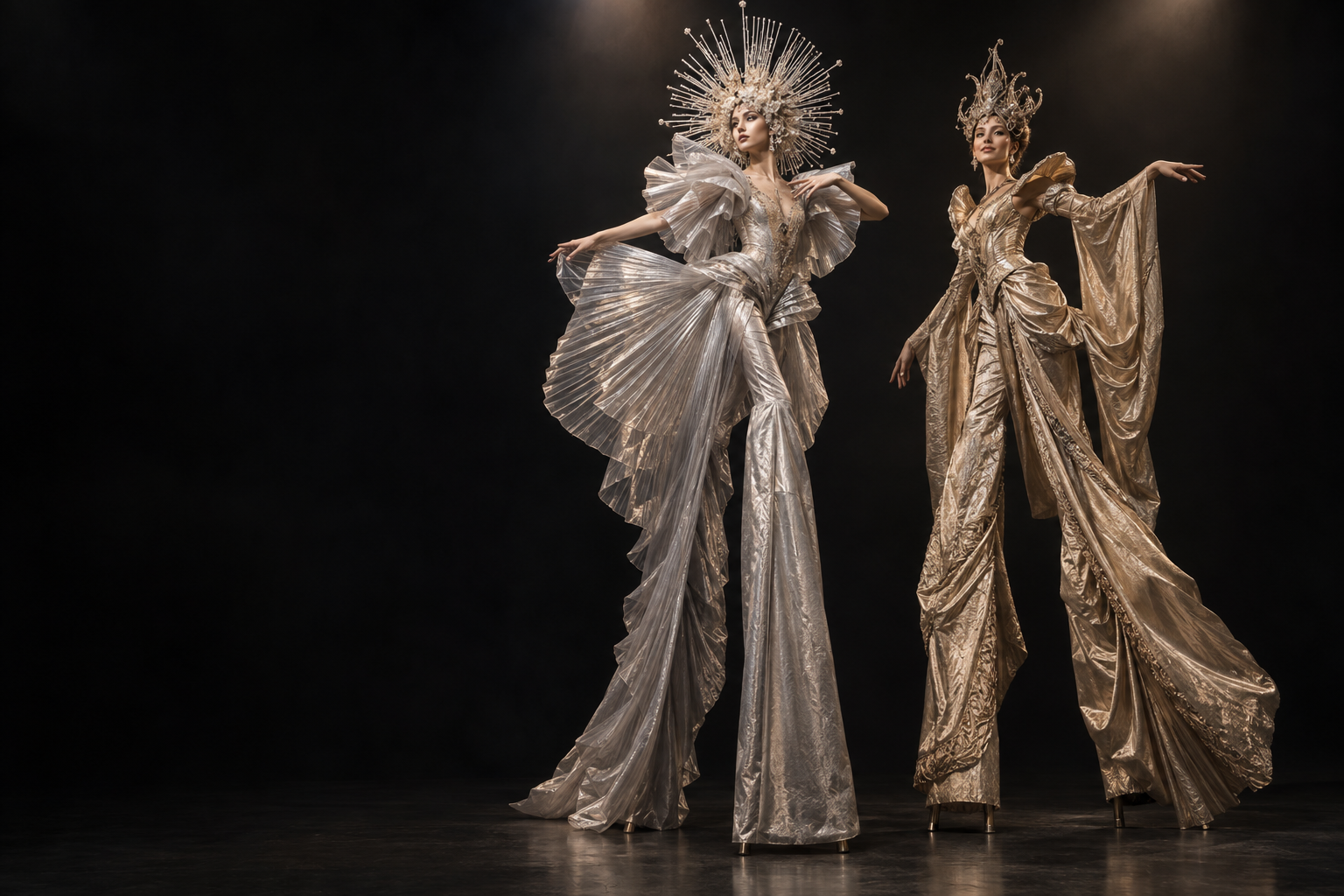 Detaliu de concept: costum argintiu sculptural și coroană cu raze delicate.