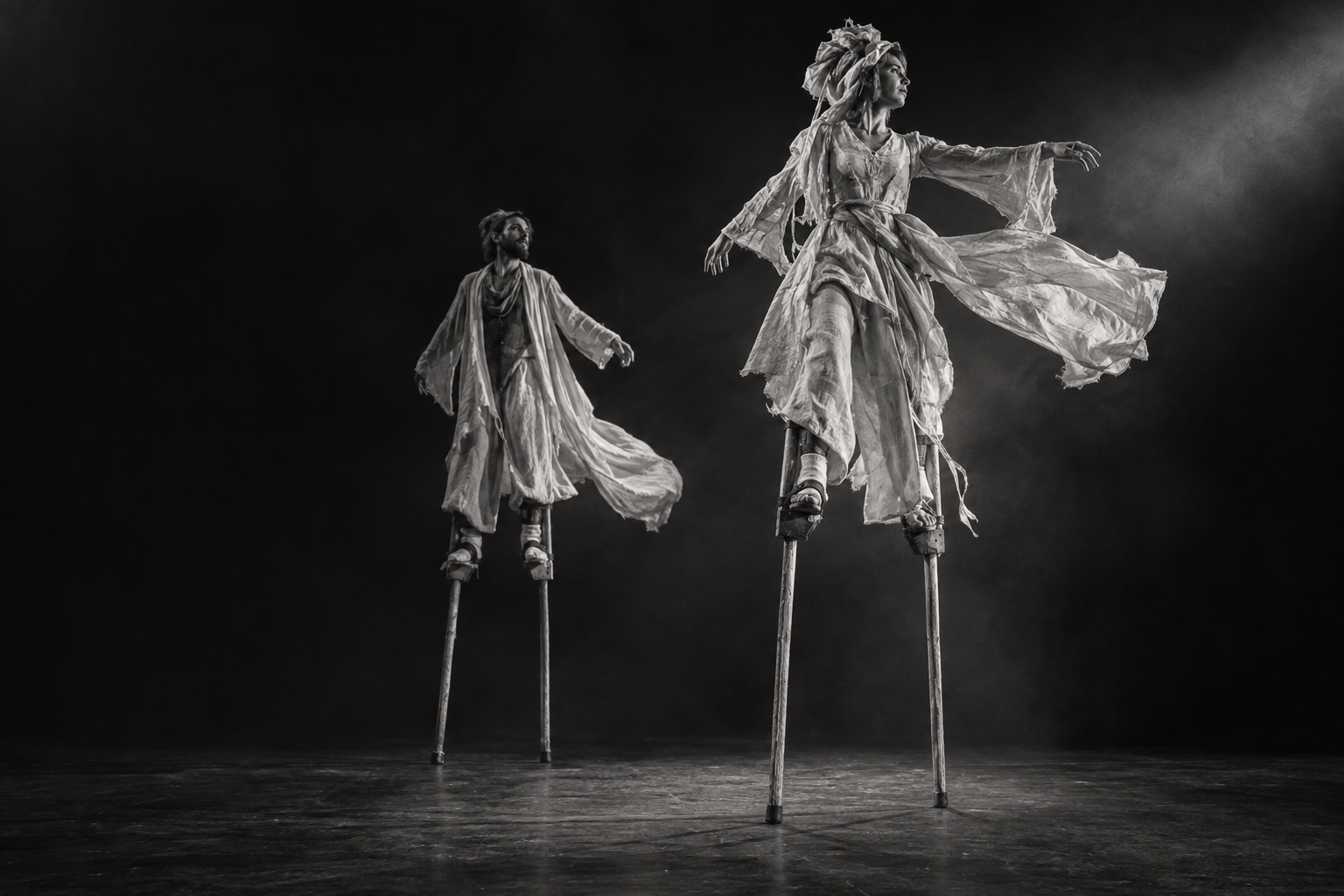 Două personaje teatrale în costume drapate, pe picioroange înalte din lemn. Imagine de concept.
